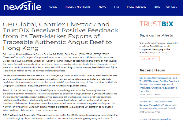 GBI Global, Cantriex Livestock and TrustBIX Received Positive Feedback from Its Test-Market Exports of Traceable Authentic Angus Beef to Hong Kong